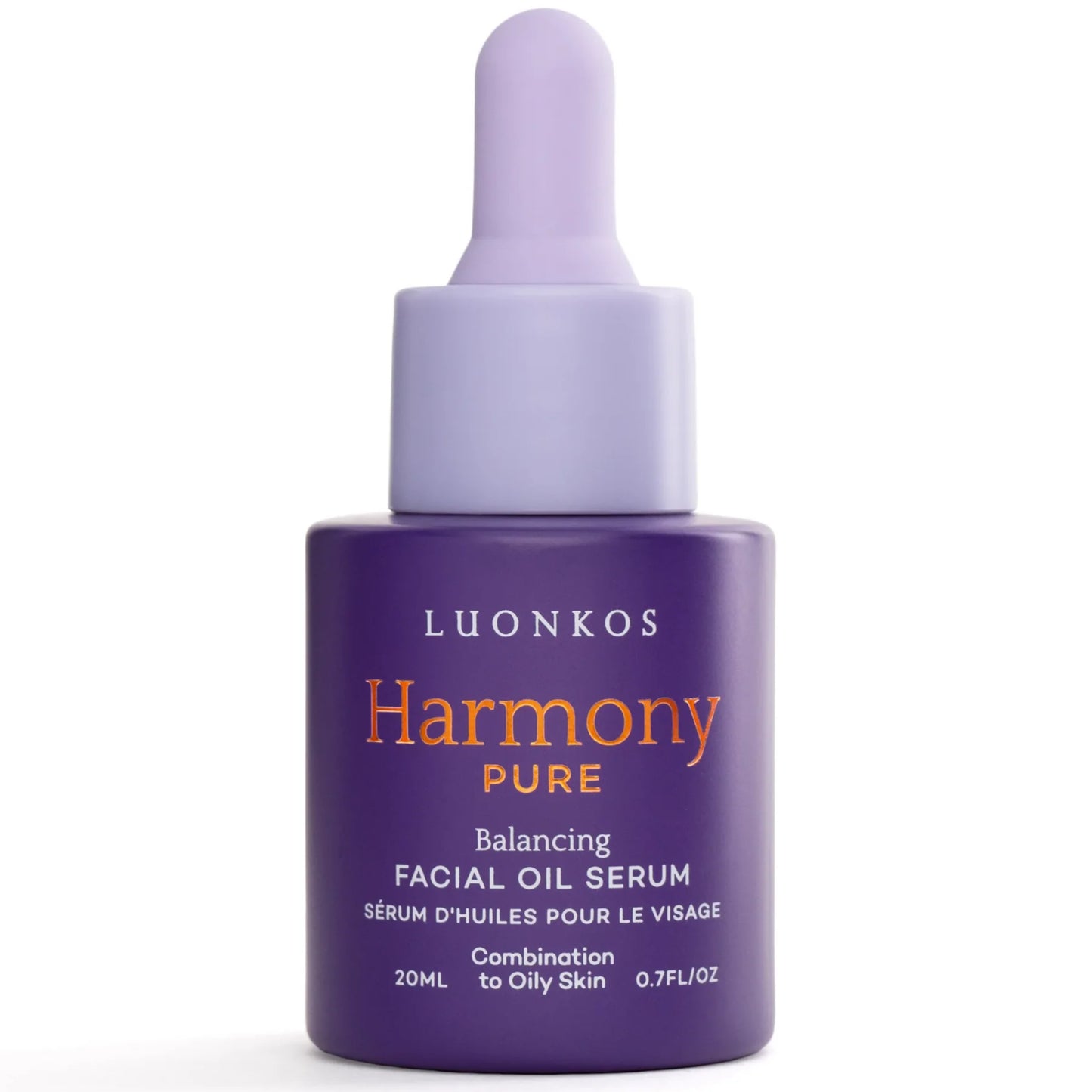 A purple dropper bottle labeled Luonkos Pure Facial Oil Serum for oily and combination skin, 20ml, features bilingual English and French text.