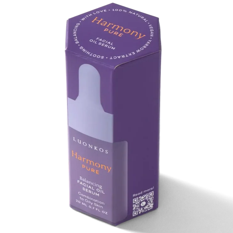 A purple hexagonal box labeled Luonkos Pure Facial Oil Serum with white and orange text, a dropper bottle graphic, and a QR code on the bottom right—perfect for oily and combination skin.