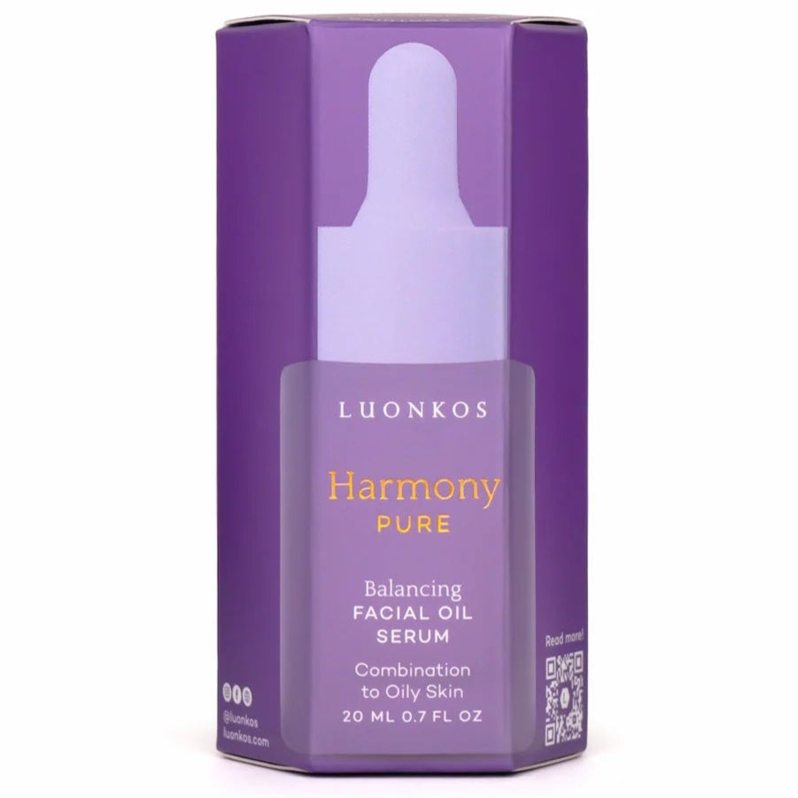 A purple box of Luonkos Pure Facial Oil Serum, 20 ml (0.7 fl oz) for oily, combination, or acne-prone skin, featuring a minimalist bottle illustration on the packaging.