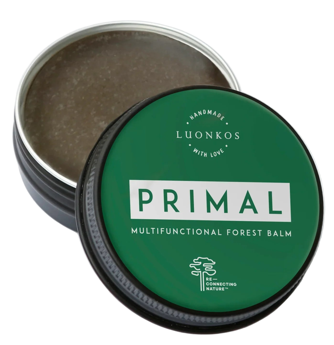 A round tin of Luonkos Primal Multifunctional Forest Balm with a green lid sits partly open, showing the light brown balm inside. Perfect for eczema-prone skin, its label displays white text and Luonkos' small tree logo.
