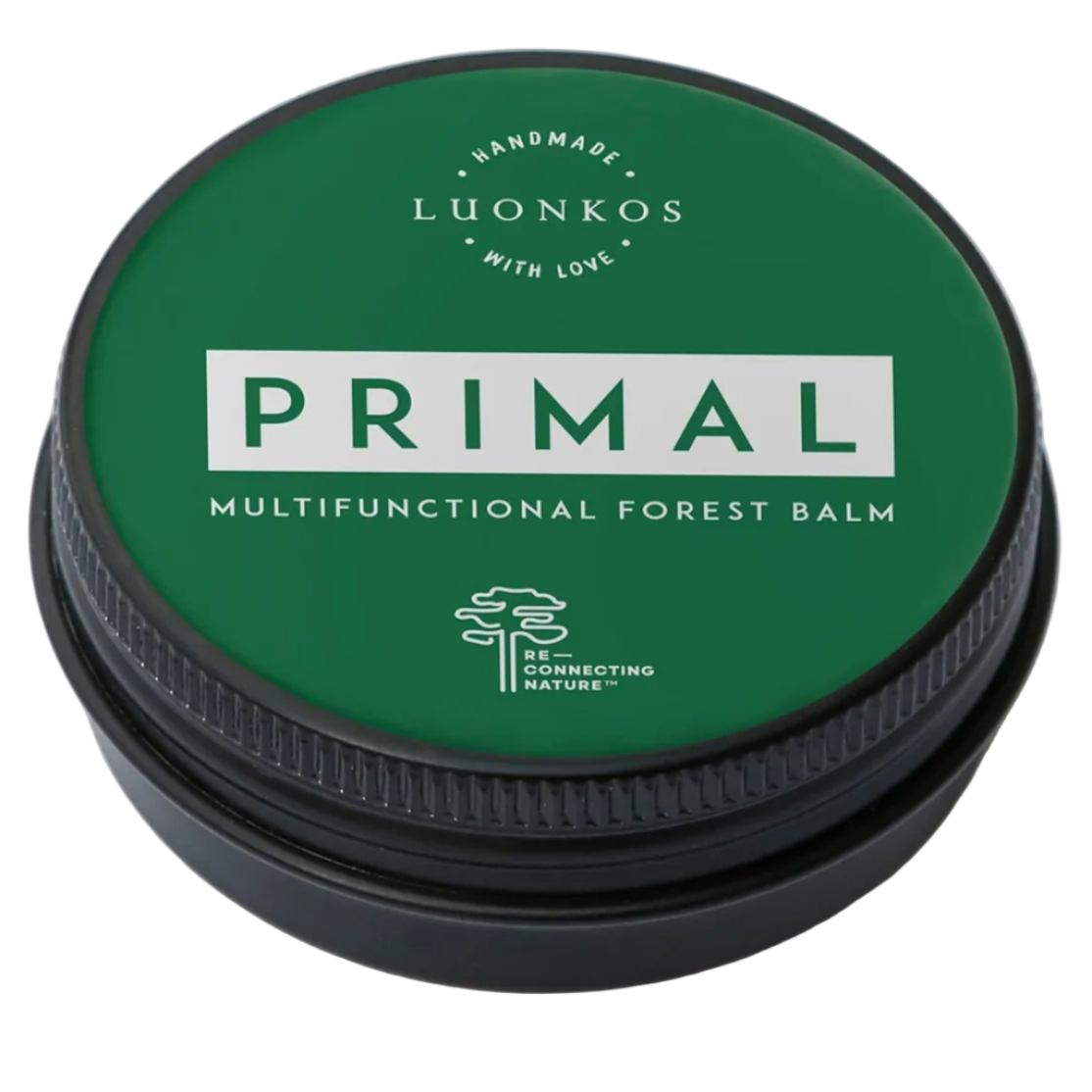 A green, round Luonkos tin labeled "Primal Multifunctional Forest Balm" for eczema-prone skin features white text and a tree icon, set against a white background.