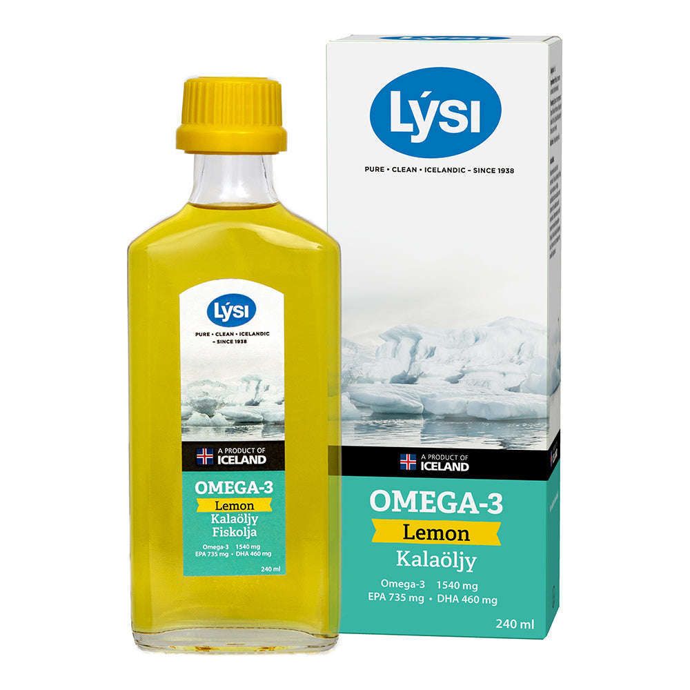 A bottle of Lysi Omega-3 Lemon by Lysi sits beside its box featuring iceberg images. The bottle contains yellow oil with a yellow cap, emphasizing its fresh lemon flavor and essential Omega-3 benefits.