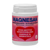 A white bottle labeled Magnesan by Hankintatukku, a vegan magnesium supplement with B vitamins, features Finnish text and info. A red heart highlights absorption, digestion, muscles, and nerves. Contains 250 tablets (150g).