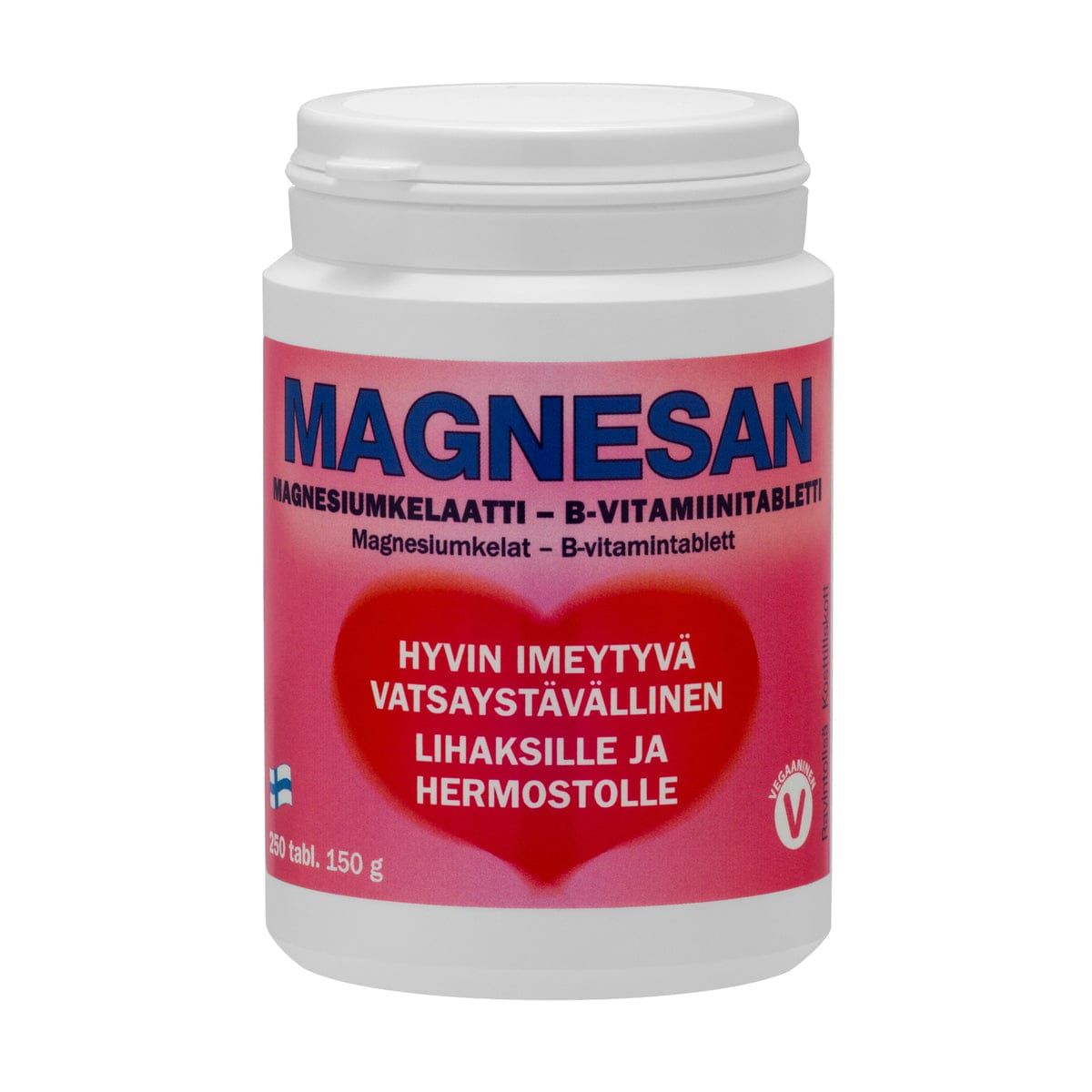 A white bottle labeled Magnesan by Hankintatukku, a vegan magnesium supplement with B vitamins, features Finnish text and info. A red heart highlights absorption, digestion, muscles, and nerves. Contains 250 tablets (150g).