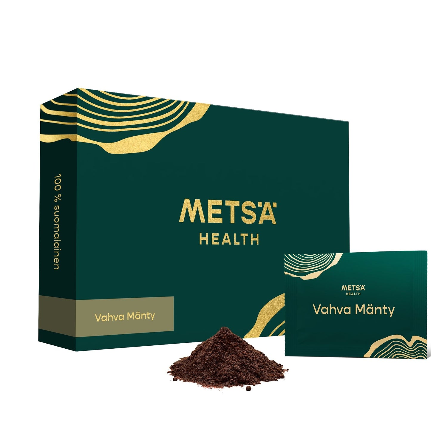 A green and gold Metsä Health box labeled "Strong Pine," with a matching sachet and a small pile of brown powder, displays organic pine bark extract from Metsä Health against a clean white background.