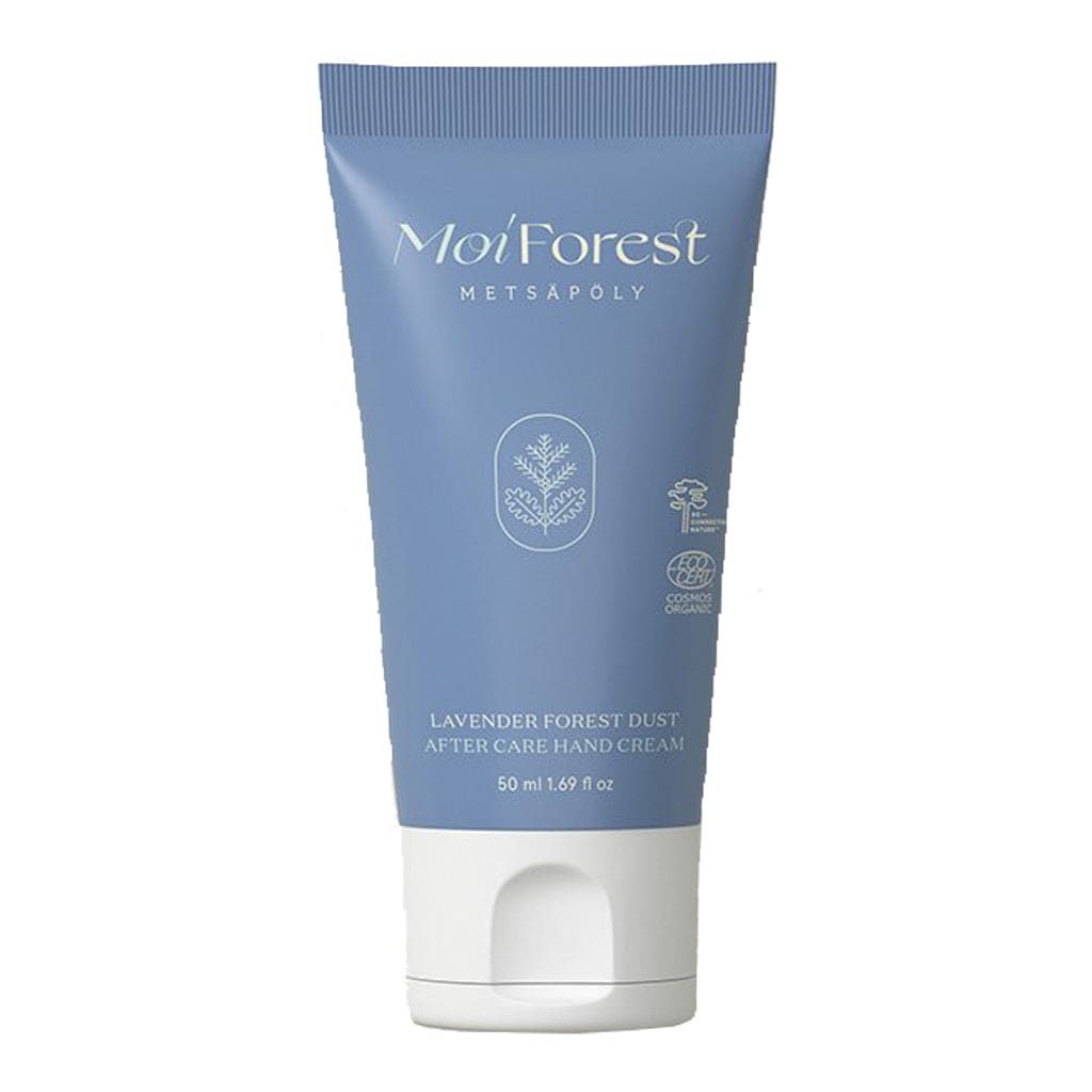 The Moi Forest Dust After Care Hand Cream Lavender, 50 ml, comes in a lavender and white tube with plant graphics and certification symbols—an organic hand cream from Moi Forest designed to nurture your skin.