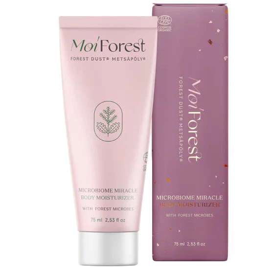 A pink tube and matching box of Moi Forest Microbiome Miracle Body Moisturizer by Moi Forest, enriched with Nordic oils for sensitive skin, are displayed side by side against a white background.