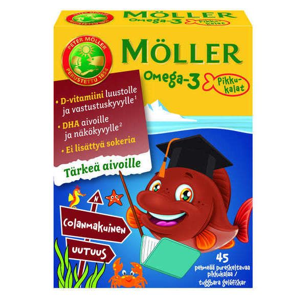 A vibrant box of Möller Omega-3 Little Fishes by Möller displays a cartoon fish in a graduation cap by a river, with Finnish text promoting Omega-3s for brain support, vitamin D, and no added sugar.