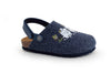 The Zapatillas Moomin Kids Felt Slippers Blue feature a cork sole, adjustable heel strap, and cartoon animal print on the upper. This sustainable children’s footwear is shown against a white background.
