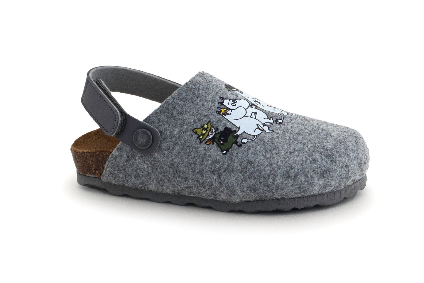Zapatillas Moomin Kids Felt Slippers Grey feature cozy gray felt, a dark gray strap, cork sole, and playful Moomin characters—perfect sustainable footwear for kids who love comfort and style.