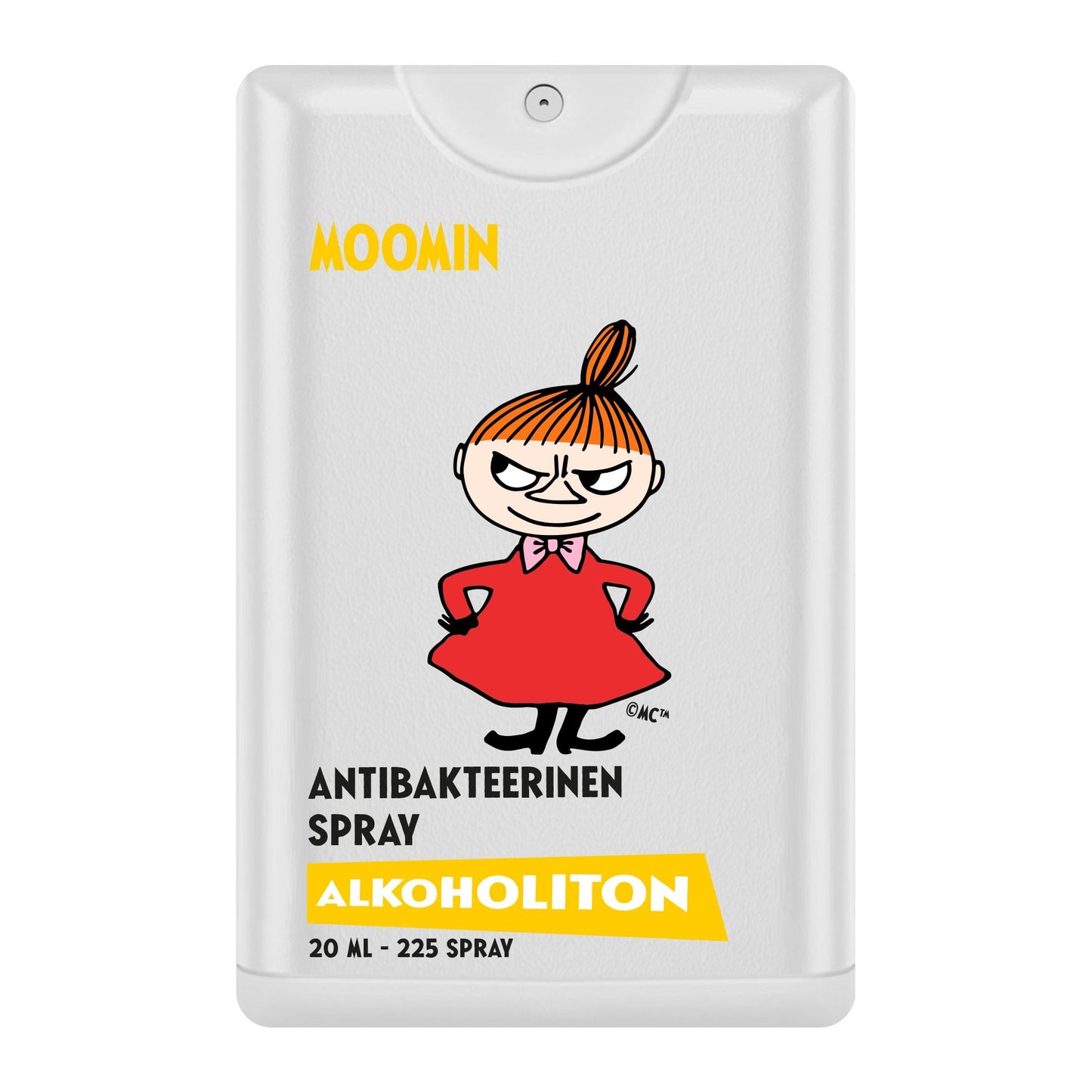 The Moomin Alcohol-Free Antibacterial Hand Spray by Moomin comes in a white 20ml spray bottle with Little My in a red dress. The alcohol-free formula is pocket-sized, offering 225 sprays for convenient hand sanitizing anywhere.