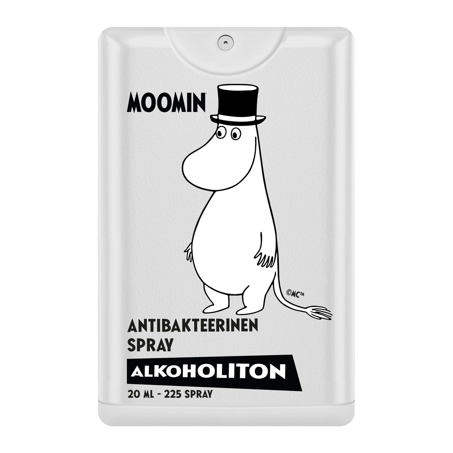 The Moomin Alcohol-Free Antibacterial Hand Spray by Moomin features a white 20 ml container with a black-and-white Moomin character in a top hat, delivering 225 sprays for easy pocket sanitation.