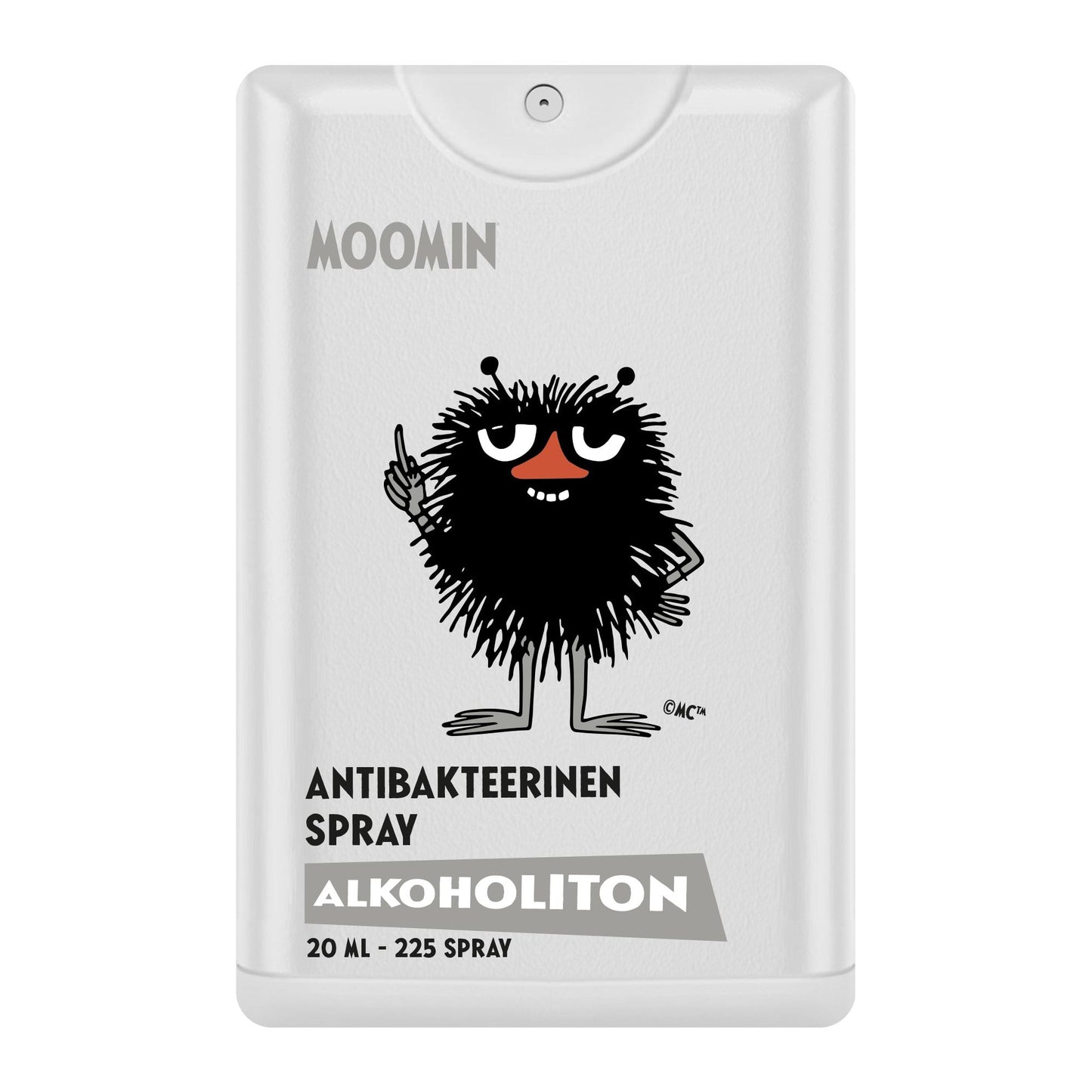 The Moomin Alcohol-Free Antibacterial Hand Spray by Moomin comes in a 20 ml spray bottle with a black spiky cartoon character, delivers 225 sprays, and is alcohol-free for gentle hand hygiene.