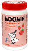 Moomin vitamin D supplement bottle with red lid and strawberry flavor label.