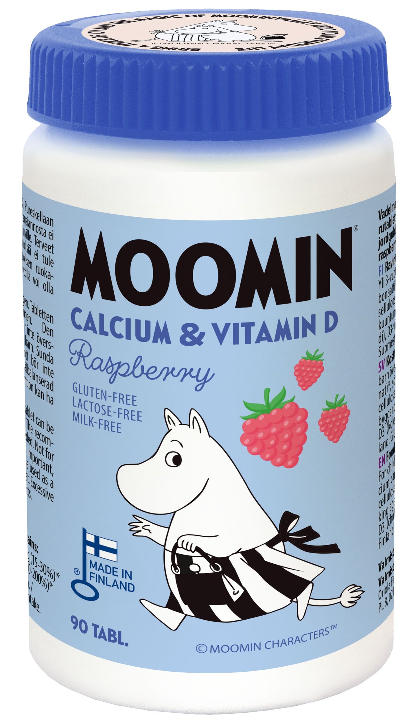 Moomin Calcium & Vitamin D supplement container with blue lid and character illustration on a white background