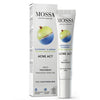 Mossa Acne Act Spot Treatment is for oily, acne-prone skin and contains gooseberry, blueberry extracts, tea tree oil, and salicylic acid. Packaging features vegan and dermatologically tested symbols. Supplied in a tube and box.