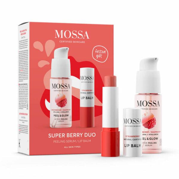 Mossa Berry Kiss Gift Set features an overnight peeling serum and a hydrating lip balm, both in white and pink packaging, displayed in front of a box decorated with strawberry and raspberry illustrations.