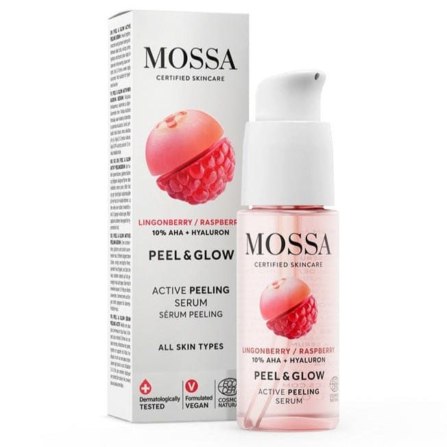 A bottle of Mossa Peel & Glow Active Peeling Serum with its box. This brightening serum from Mossa contains 10% AHA and hyaluronic acid, and is suitable for all skin types.