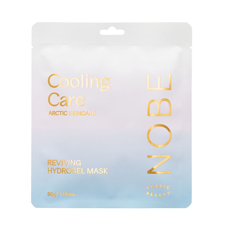 A square sachet of NOBE Nordic Beauty’s Cooling Care Reviving Hydrogel Mask features gold and blue text on a pastel white-to-pink-to-blue gradient. Size: 30g / 1.06 oz.
