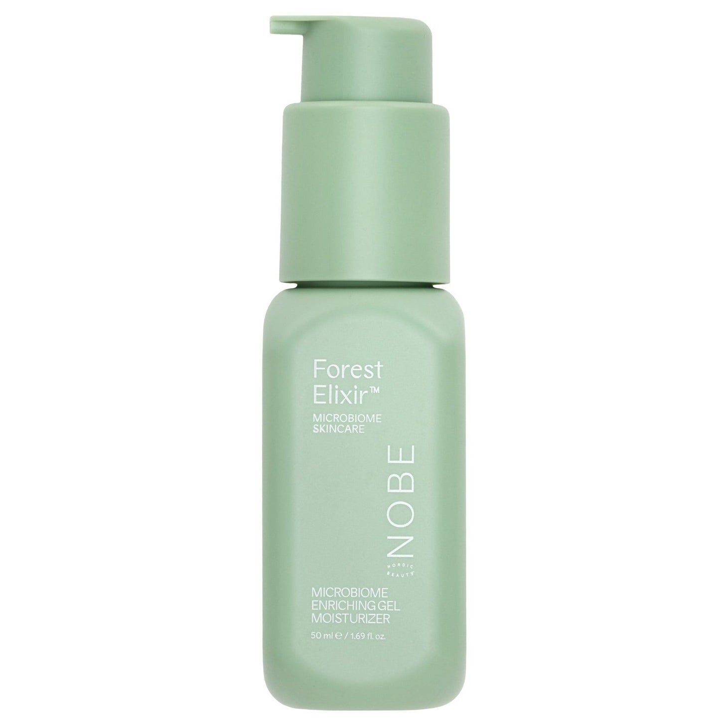 A light green bottle with a pump labeled NOBE Nordic Beauty Forest Elixir® Microbiome Enriching Gel Moisturizer, featuring forest microbiome extract, stands upright on a white background.