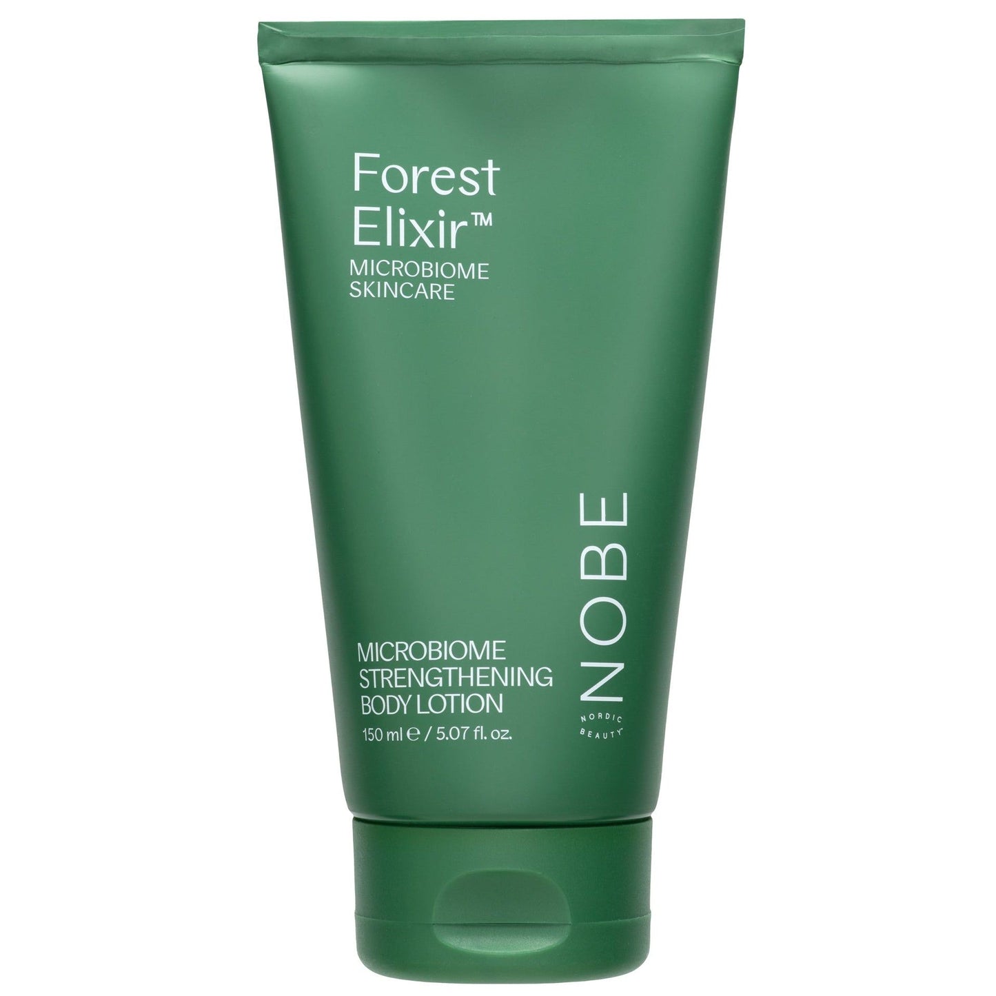 A green tube of NOBE Forest Elixir® Microbiome Strengthening Body Lotion by NOBE Nordic Beauty, featuring forest microbiome extract and containing 150 ml (5.07 fl. oz.), is shown upright on a white background.