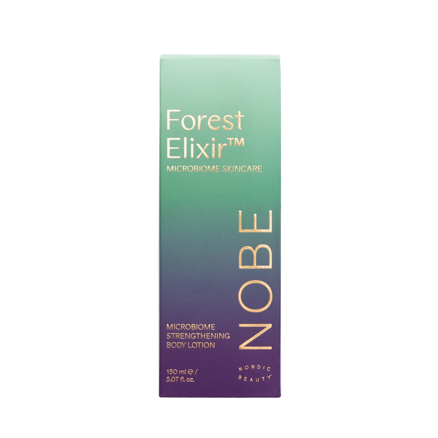 A green and purple gradient box labeled NOBE Forest Elixir® Microbiome Strengthening Body Lotion by NOBE Nordic Beauty, this 150 ml lotion features forest microbiome extract to help balance and strengthen your skin's natural microbiome.