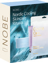 The NOBE Nordic Cooling Skincare Rituals Gift Set by NOBE Nordic Beauty features sleek pale blue and white packaging with a tube, round jar, and pouch containing eye serum, hydrogel eye patches, and a hydrogel mask.