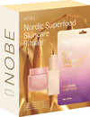 The NOBE Nordic Beauty NOBE Nordic Superfood Skincare Rituals gift set features Oat Wonder face oil, calming moisturizer, and hydrating sheet mask, all enriched with organic oat oil and pictured with Nordic oats in the background.