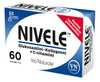 A mostly white box with blue accents contains 60 Nivele chewable tablets by Via Naturale, featuring Finnish text. Highlights include glucosamine for joint and bone health, collagen, and vitamin C.