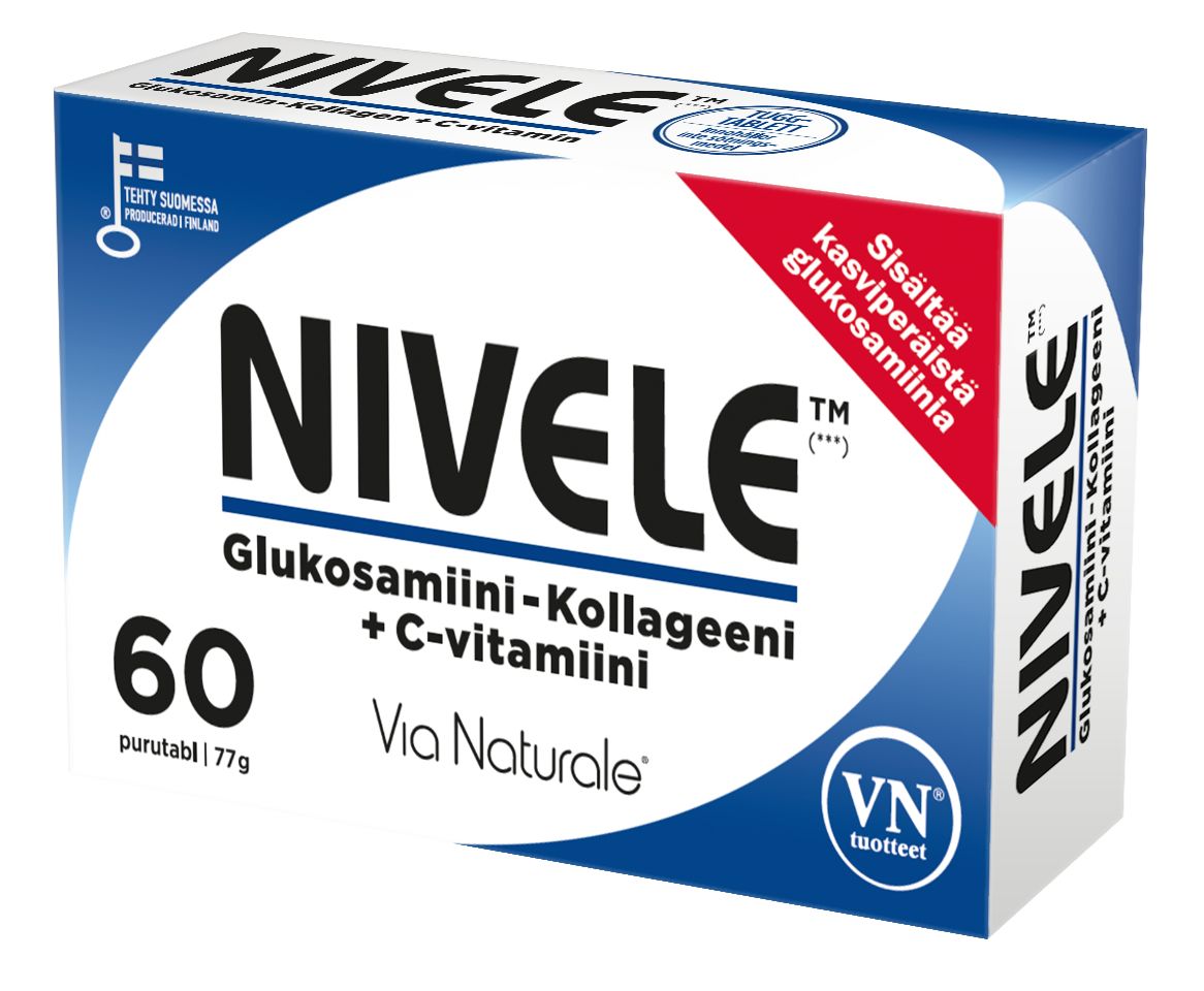 A mostly white box with blue accents contains 60 Nivele chewable tablets by Via Naturale, featuring Finnish text. Highlights include glucosamine for joint and bone health, collagen, and vitamin C.