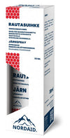 A white and blue box of Nordaid Iron Spray, 30 ml, with Finnish and Swedish text, red honeycomb accents, and a mountain logo; a convenient iron supplement from Nordaid for addressing iron deficiency.