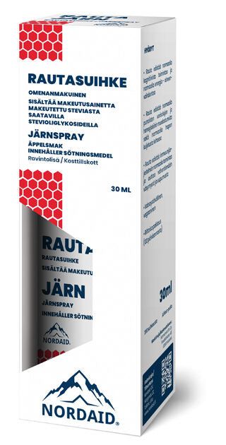 A white and blue box of Nordaid Iron Spray, 30 ml, with Finnish and Swedish text, red honeycomb accents, and a mountain logo; a convenient iron supplement from Nordaid for addressing iron deficiency.