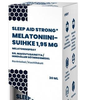 A 30 ml white and blue box of Nordaid Sleep Aid Strong Melatonin Spray 1.95 mg, labeled in English and Finnish, shows dosage info and product icons—ideal for sleep aid or jet lag relief.