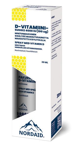 A white and blue box of Nordaid Vitamin D Spray 100 µg (4000 IU), 30 ml, features honeycomb graphics and Finnish, Swedish, and English text. This convenient oral spray by Nordaid offers highly absorbable vitamin D supplementation.