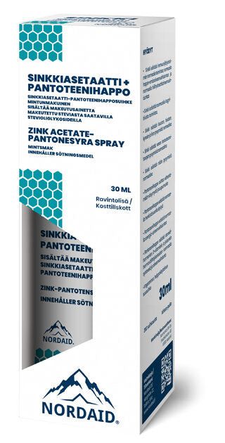 A white and blue box of Nordaid Zinc Acetate-Pantothenic Acid Spray, 30 ml, features hexagonal graphics and multilingual text, highlighting its zinc acetate content for immune system support.