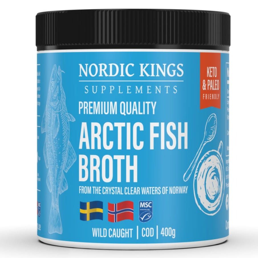 A blue container labeled Nordic Kings Arctic Fish Broth, 400g, displays Swedish and Norwegian flags, MSC certified wild caught cod, sustainable fishery icons, plus keto and paleo bioavailable protein badges.