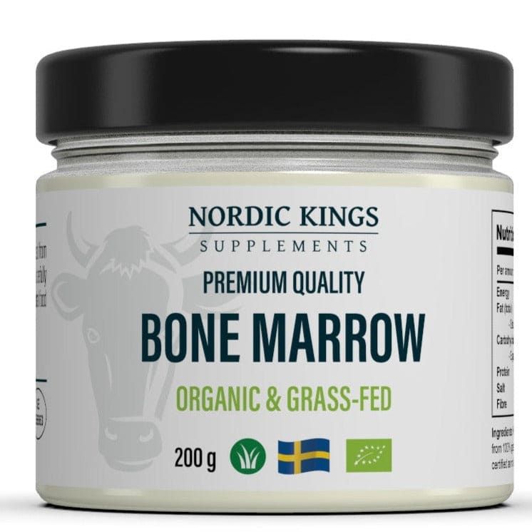 A 200g jar of Nordic Kings Organic Bone Marrow by Nordic Kings, labeled as organic and grass-fed, features images of a cow, green leaf, Swedish flag, and an organic certification icon on the front.