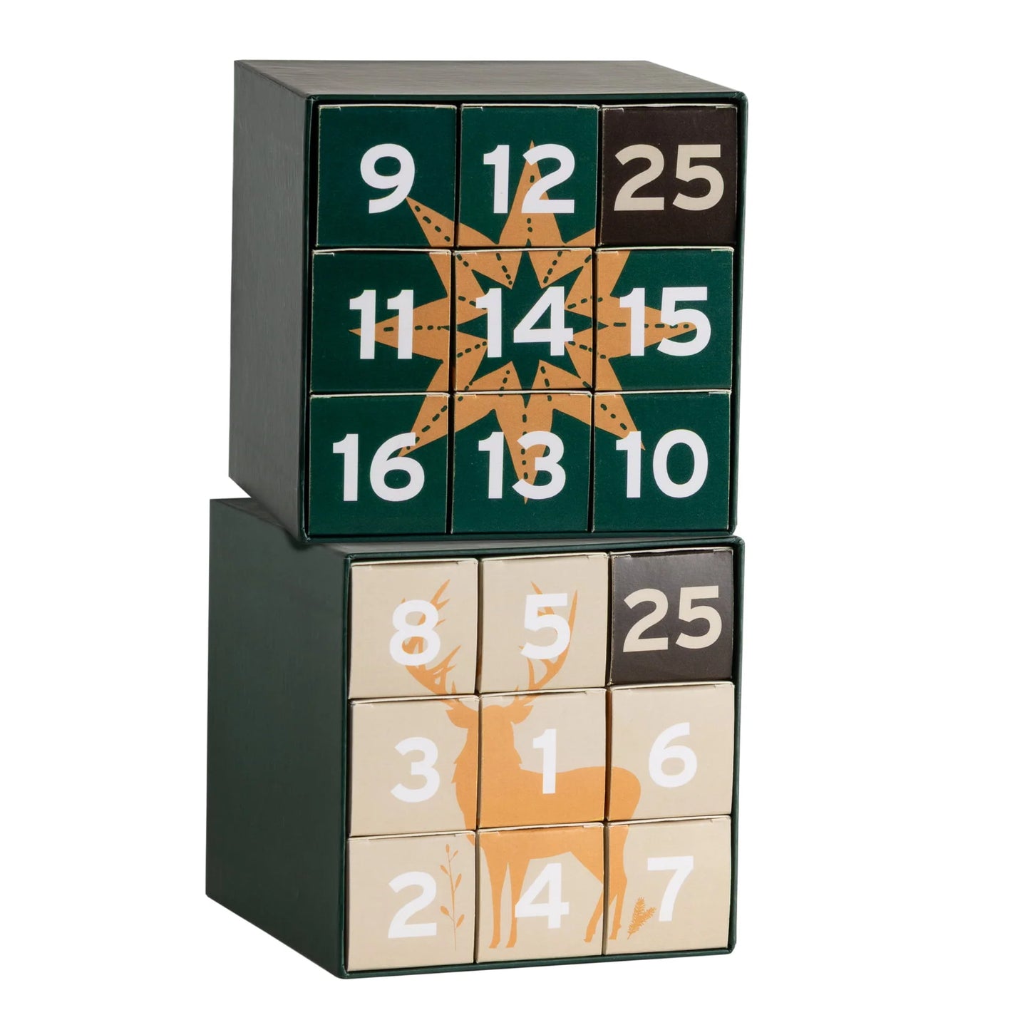 The Nordqvist Tea Advent Calendar by Nordqvist features two stacked boxes with numbered compartments, festive star and deer designs, and numbers 1–16 and 25—making it the perfect Christmas tea gift for any Nordqvist fan.