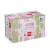 A box of Nordqvist Moomin Berry Picking tea by Nordqvist, with pink and green packaging featuring Moomin characters, flowers, and hearts. This Rainforest Alliance certified berry black tea contains 20 bags and a Finnish donation notice.