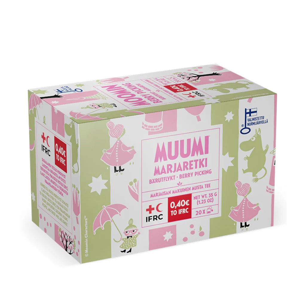 A box of Nordqvist Moomin Berry Picking tea by Nordqvist, with pink and green packaging featuring Moomin characters, flowers, and hearts. This Rainforest Alliance certified berry black tea contains 20 bags and a Finnish donation notice.