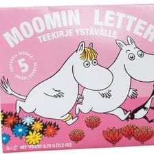 A pink Nordqvist Moomin Letter envelope with two Moomin characters and a bird in a floral field—an ideal Nordqvist gift for fans who enjoy whimsical tea flavors and cute stationery.