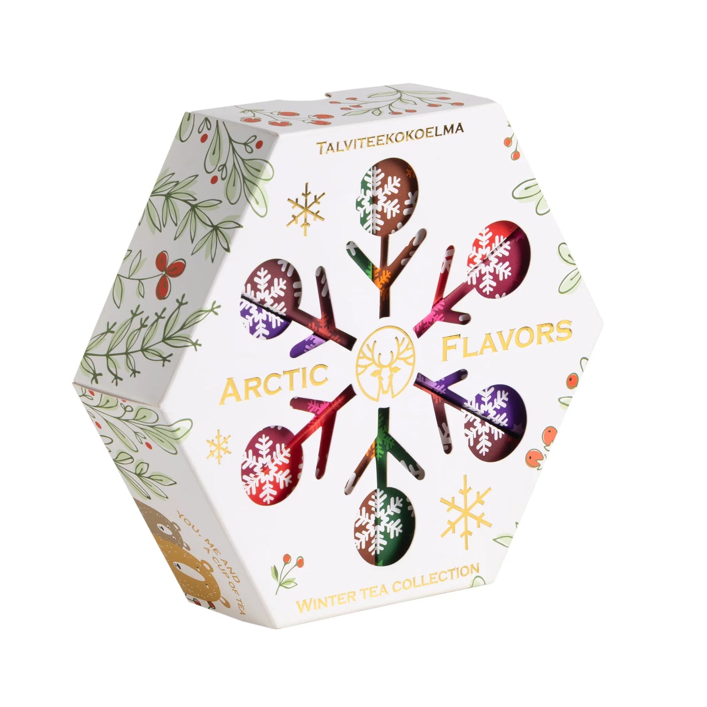 Hexagonal white box with snowflake design, festive berry and leaf accents, and colorful tea tubes inside. The box reads Nordqvist Winter Tea Collection—an ideal holiday gift set from Nordqvist.