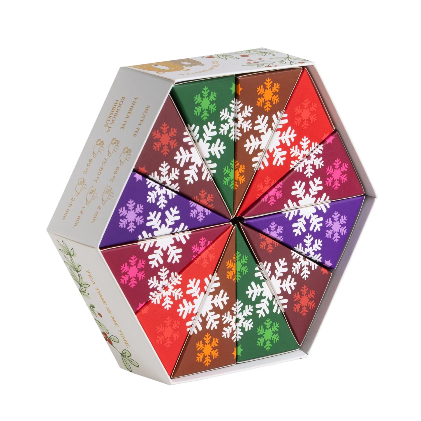 The Nordqvist Winter Tea Collection from Nordqvist comes in a hexagonal box with red, orange, green, and purple triangular sections featuring white snowflakes. The festive holiday set is partially open to reveal its contents.