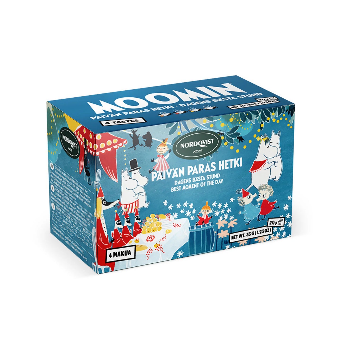 Nordqvist Best Moment of the Day features Moomin characters on a blue box with Finnish and English text. Contains 20 black tea bags. Brand: Nordqvist.