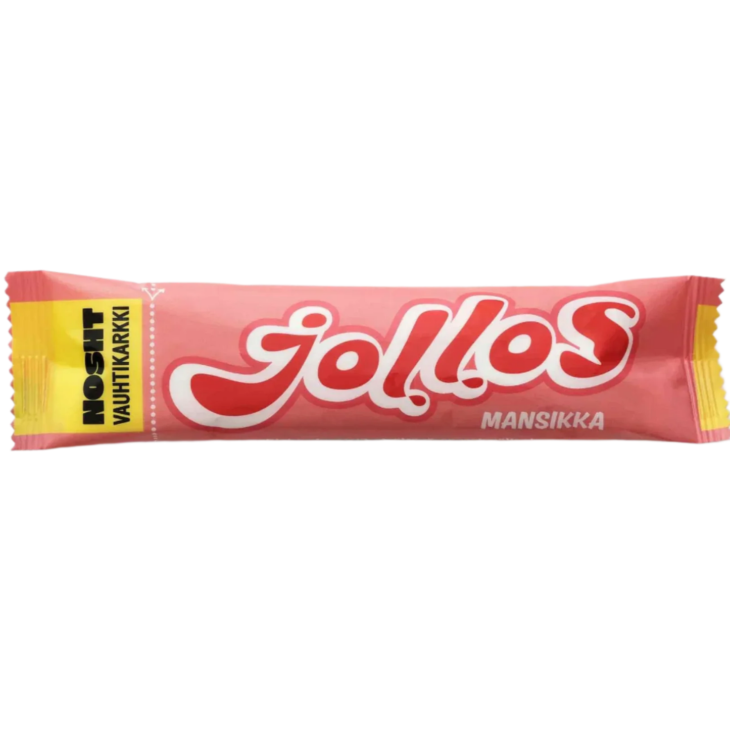 Nosht Jollos Energy Chews Strawberry come in pink and yellow packaging with bold branding—these chews provide quick-absorbing carbs, making them perfect for staying energized during endurance sports.