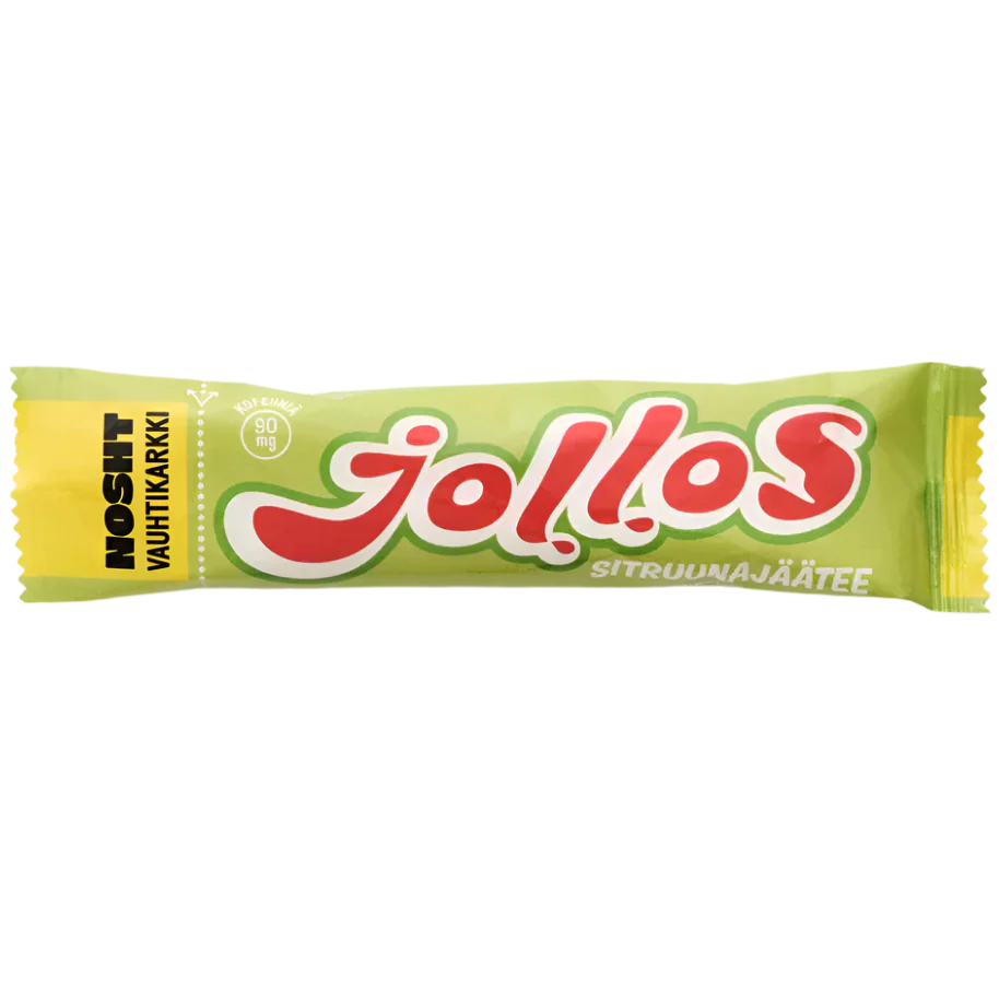 A green and yellow wrapped Nosht Jollos Energy Chews Lemon Iced Tea bar features bold red and white text, plus Finnish phrases like "sitruna jäätee" and "Vauhtikarkki," indicating it's made for energy chews or endurance sports.