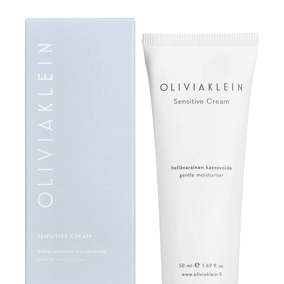 A 50 ml (1.69 fl oz) tube of Olivia Klein Sensitive Cream stands beside its light blue box, both featuring product details in white and gold. This facial moisturiser is ideal for sensitive skin by Olivia Klein.