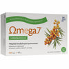 A box of Omega7 SBA® Sea Buckthorn Oil Capsules (Omega7 brand) with Finnish text, green vegan and certification icons, and a sea buckthorn berry image. Supports mucous membrane hydration. Contains 150 capsules (105 g).