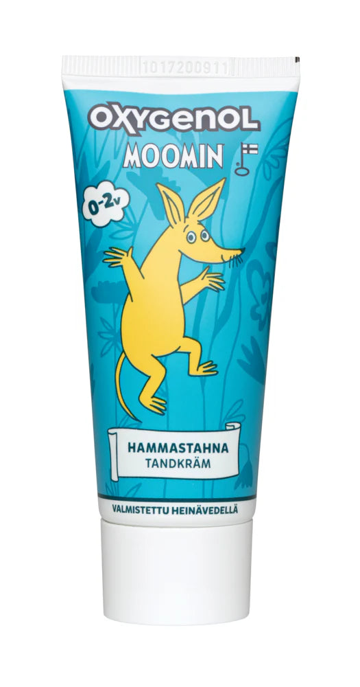 Oxygenol Moomin Baby Toothpaste 0+ is a blue tube for ages 0-2, with a yellow Moomin illustration and Finnish/Swedish text. This xylitol toothpaste by Oxygenol is gentle and safe for babies’ teeth.