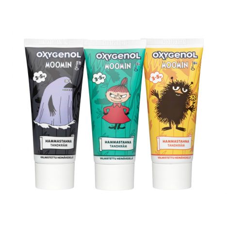 Set of three Oxygenol Moomin Kids Toothpaste 3+ Fruit tubes, each with a unique Moomin character design. This fluoride toothpaste with xylitol from Oxygenol helps protect children's teeth and makes brushing fun.